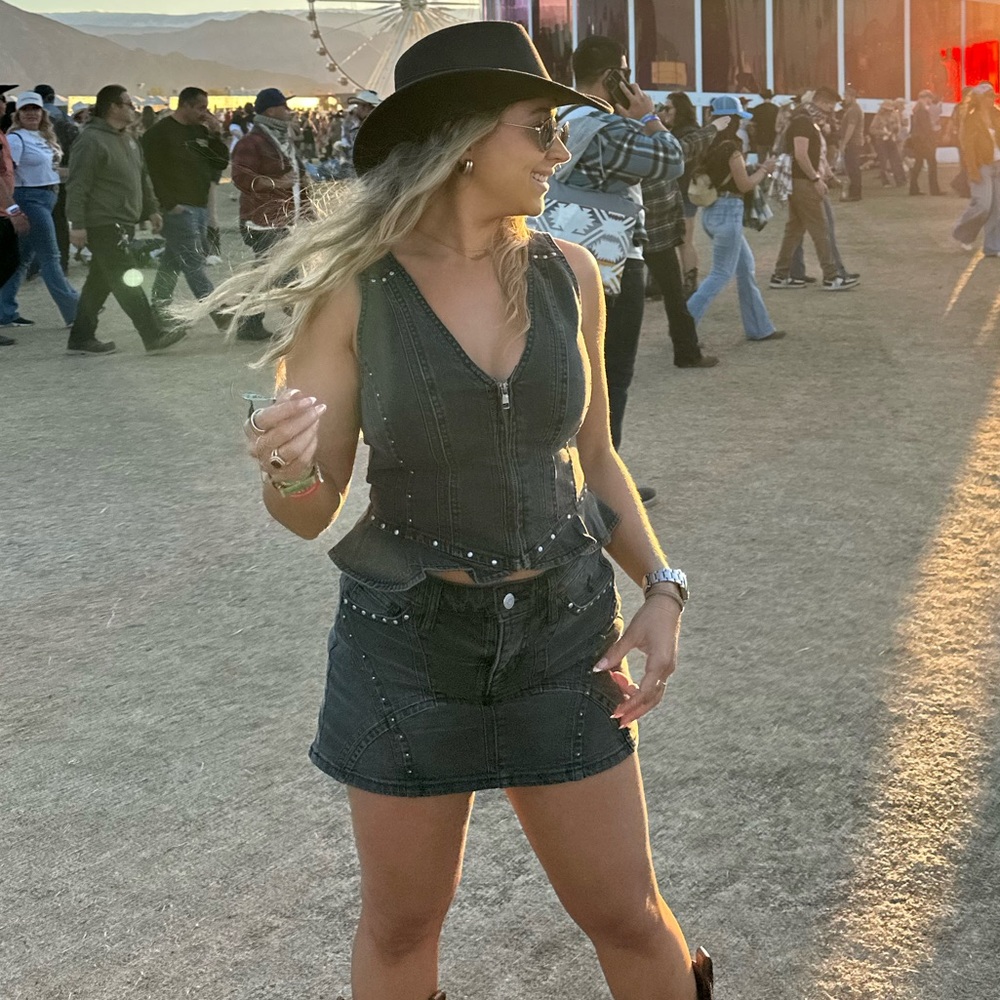 Black Studded Denim Vest and Skort Set